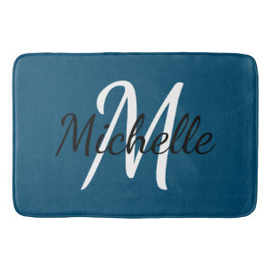 Simple Dark Blue Monogrammed Bath Mat