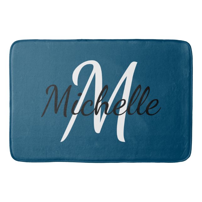 Simple Dark Blue Monogrammed Bath Mat (Front)