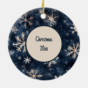 Simple Dark Blue with Snowflakes All Over Print Ceramic Ornament