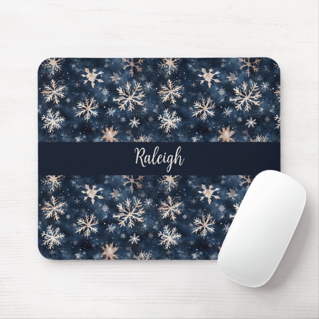 Simple Dark Blue with Snowflakes Personalized Mouse Pad (With Mouse)
