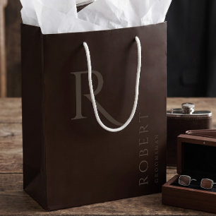 Simple Dark Brown Monogram Personalized Groomsmen Medium Gift Bag