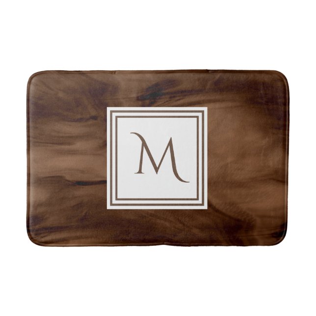 Simple Dark Brown Subtle Marble Modern Monogram Bath Mat (Front)