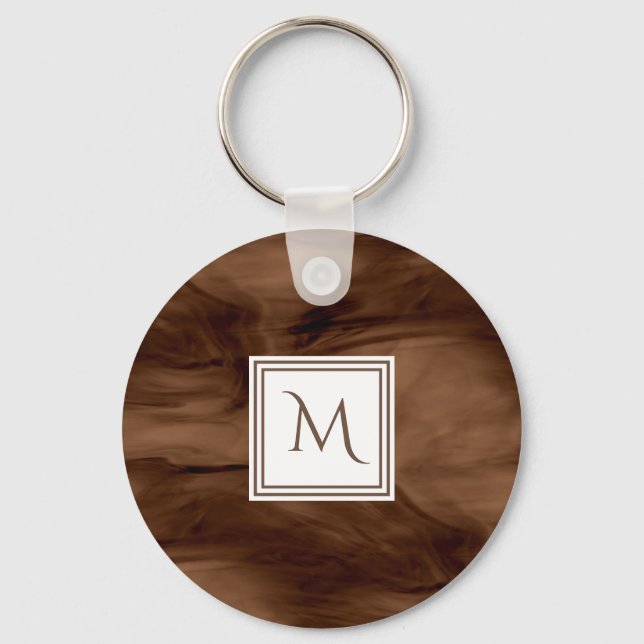 Simple Dark Brown Subtle Marble Modern Monogram Keychain (Front)