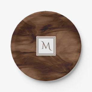 Simple Dark Brown Subtle Marble Modern Monogram Paper Plate