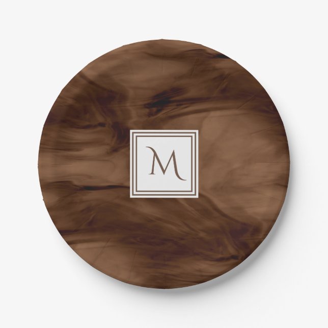 Simple Dark Brown Subtle Marble Modern Monogram Paper Plate (Front)