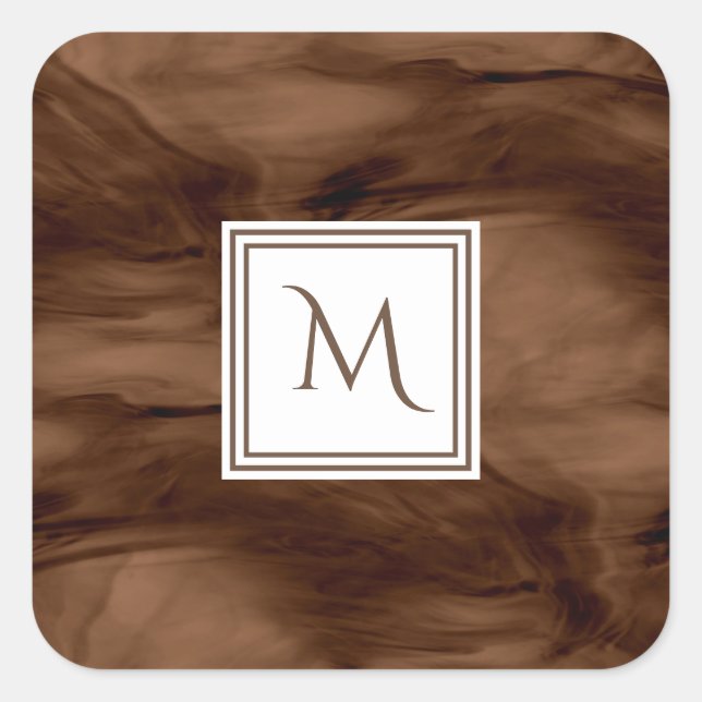 Simple Dark Brown Subtle Marble Modern Monogram Square Sticker (Front)