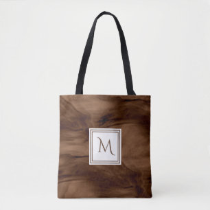 Simple Dark Brown Subtle Marble Modern Monogram Tote Bag