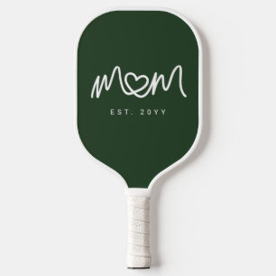Simple Dark Green Heart Script Mom Established Est Pickleball Paddle