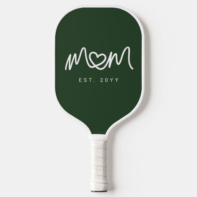 Simple Dark Green Heart Script Mom Established Est Pickleball Paddle (Front)