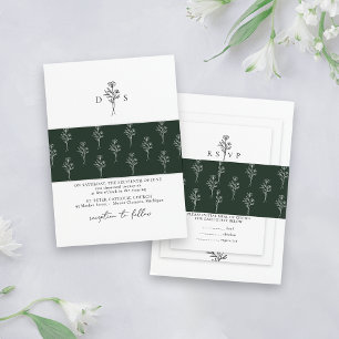 Simple Dark Green Minimal Floral Pattern Wedding Invitation Belly Band