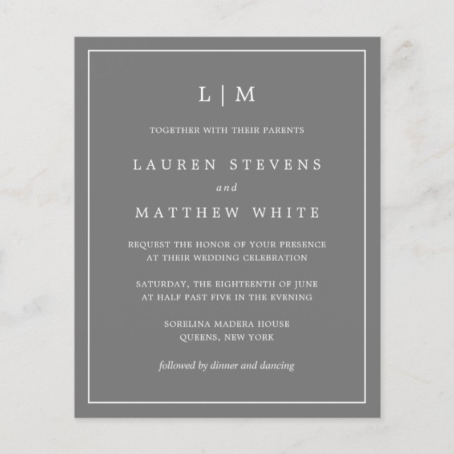 Simple Dark Grey Monogram Budget Wedding Invite (Front)