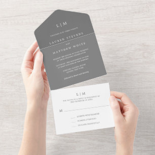 Simple Dark Grey Monogram Elegant Wedding All In One Invitation