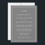 Simple Dark Grey Monogram Elegant Wedding Invitation<br><div class="desc">Simple grey wedding invitation featuring a modern yet elegant design with your two letter monogram at the top and your details surrounded by a thin border. The fonts and background colours may be changed to any colours you wish by clicking the "customize" button. A chic and stylish design that is...</div>