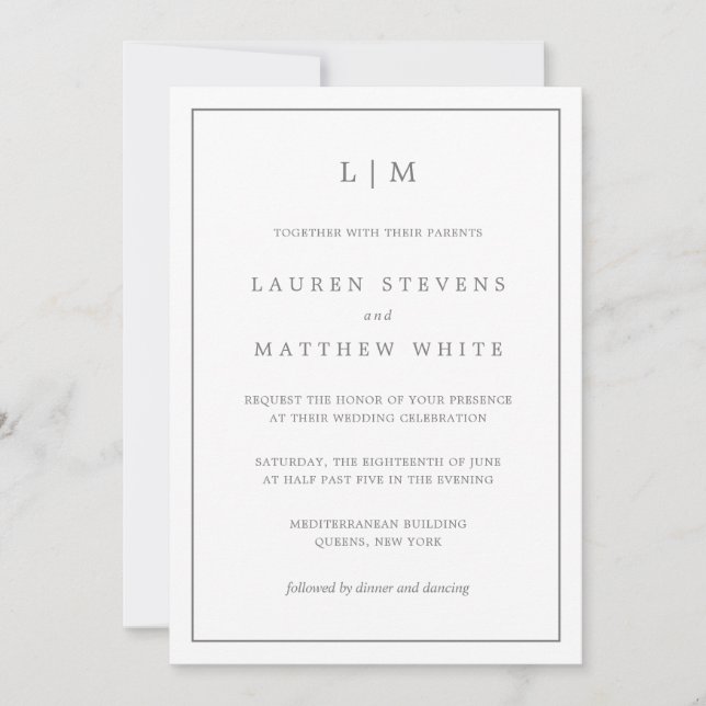 Simple Dark Grey Monogram Elegant Wedding Invitation (Front)