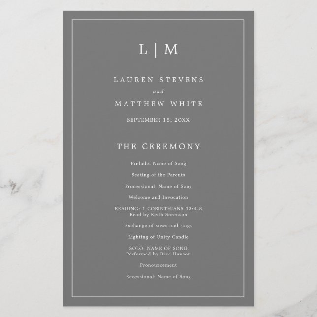 Simple Dark Grey Monogram Elegant Wedding Program (Front)