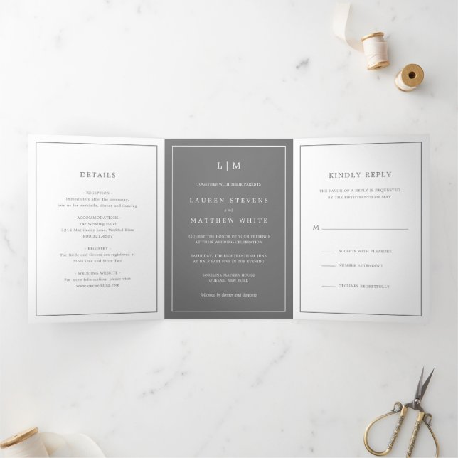 Simple Dark Grey Monogram Elegant Wedding Tri-Fold Invitation (Inside)