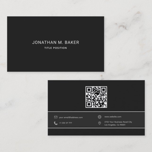 Simple Dark Grey QR Code Business Card (Front/Back)