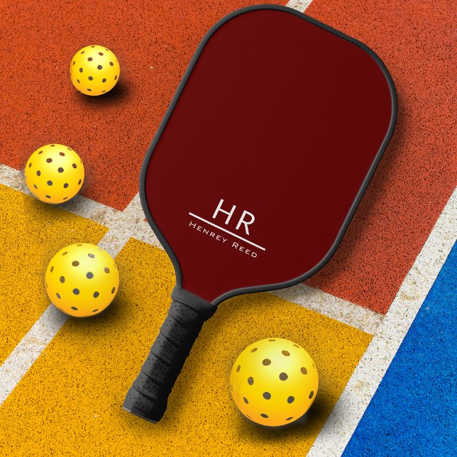 Simple Dark Red Monogram Initials + Name Pickleball Paddle (Creator Uploaded)