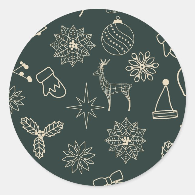 Simple Dark Sage Green Cute Christmas Pattern Classic Round Sticker (Front)