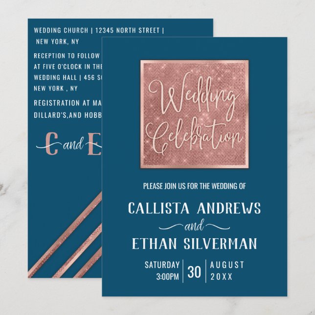 Simple Dark Teal Rose Gold Glitter Geo Wedding Invitation (Front/Back)