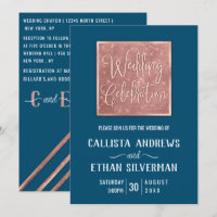 Simple Dark Teal Rose Gold Glitter Geo Wedding