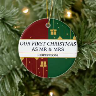 Simple Decorative Our First Christmas as Mr & Mrs Ceramic Ornament