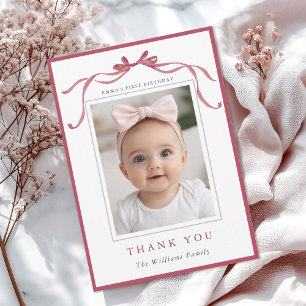 Simple Deep Blush Pink Bow Birthday Photo Thank You Card