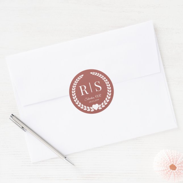 Simple Deep Terracotta Monogram Classic Round Sticker (Envelope)