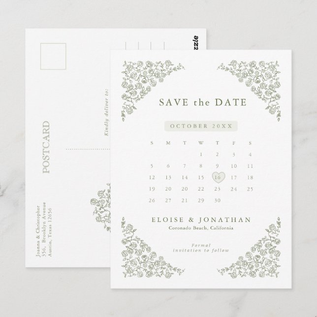 Simple Delicate Floral Calendar  Save the Date     Postcard (Front/Back)