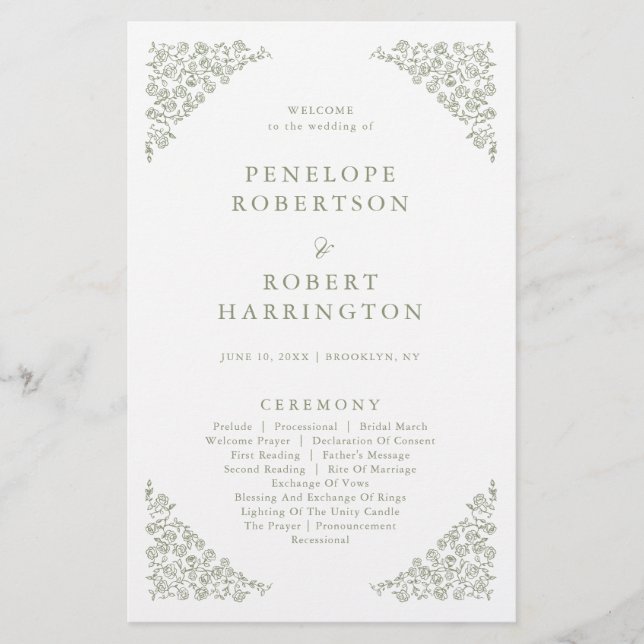 Simple Delicate Floral Sage Green Wedding Program (Front)