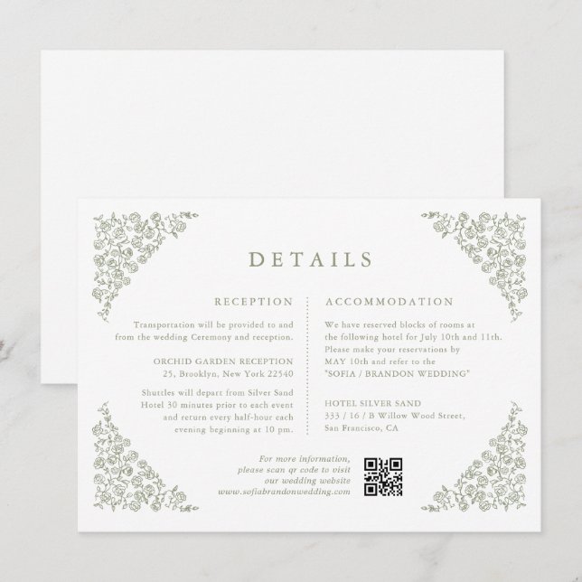 Simple Delicate Floral Timeless Sage Green Details Enclosure Card (Front/Back)
