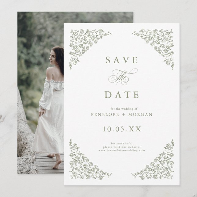 Simple Delicate Floral Timeless Sage Green Photo Save The Date (Front/Back)