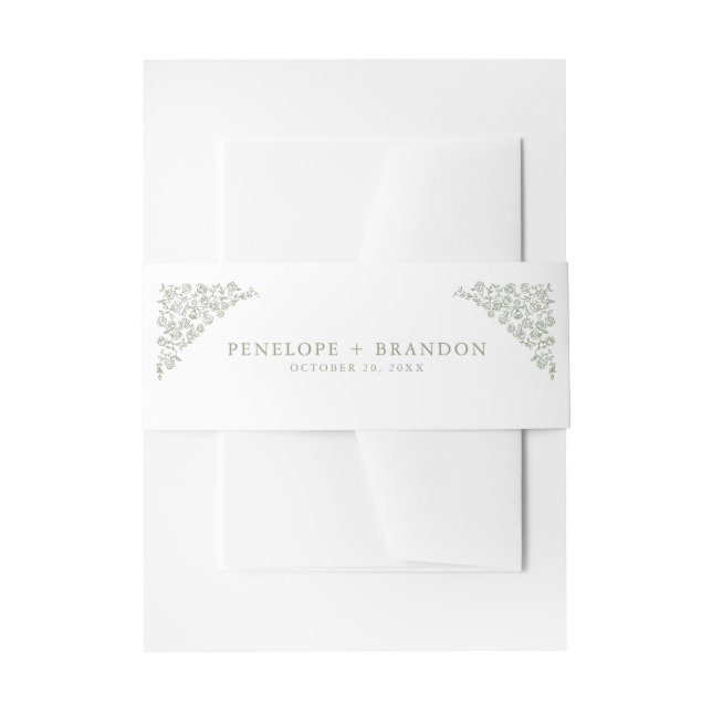 Simple Delicate Floral Timeless Sage Green Wedding Invitation Belly Band (Front Example)