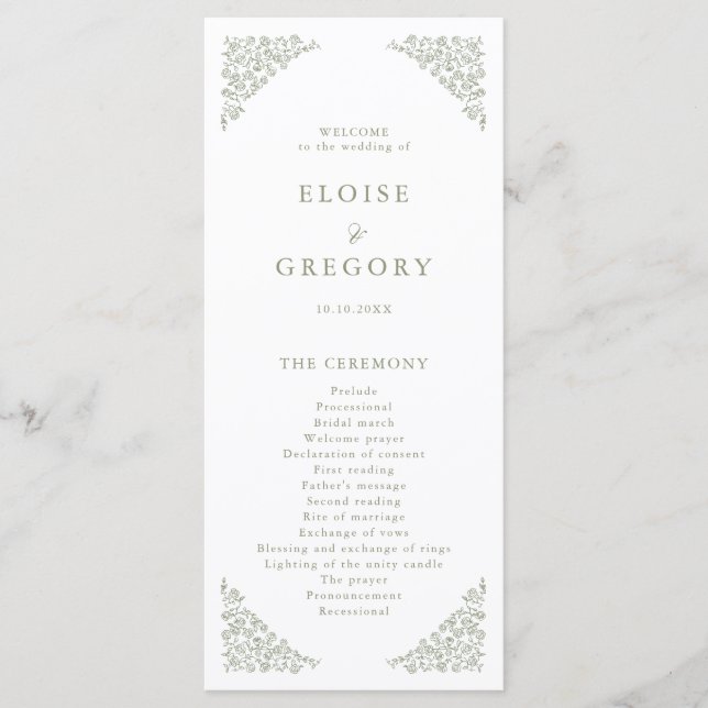 Simple Delicate Floral Timeless Sage Green Wedding Program (Front)