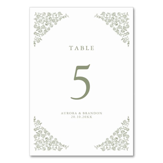 Simple Delicate Floral Timeless Sage Green Wedding Table Number (Front)