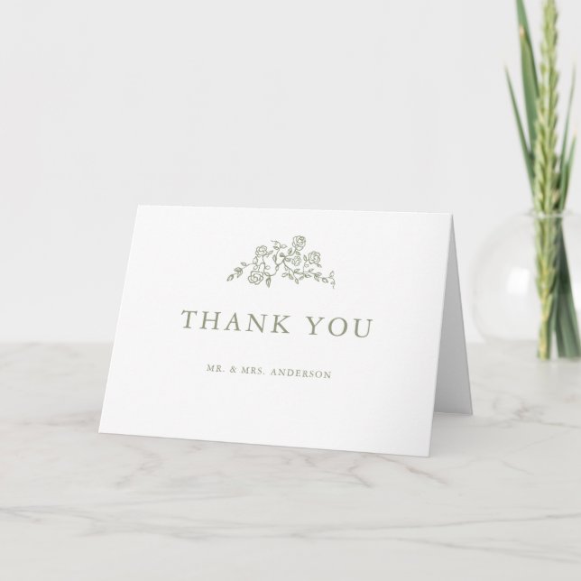 Simple Delicate Floral Timeless Sage Green Wedding Thank You Card (Front)