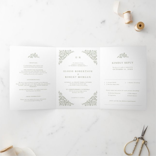 Simple Delicate Floral Timeless Sage Green Wedding Tri-Fold Announcement (Inside)