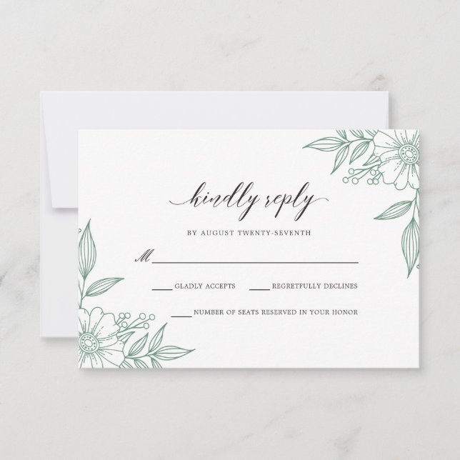 Simple Delicate Floral Wedding Mint RSVP Card (Front)