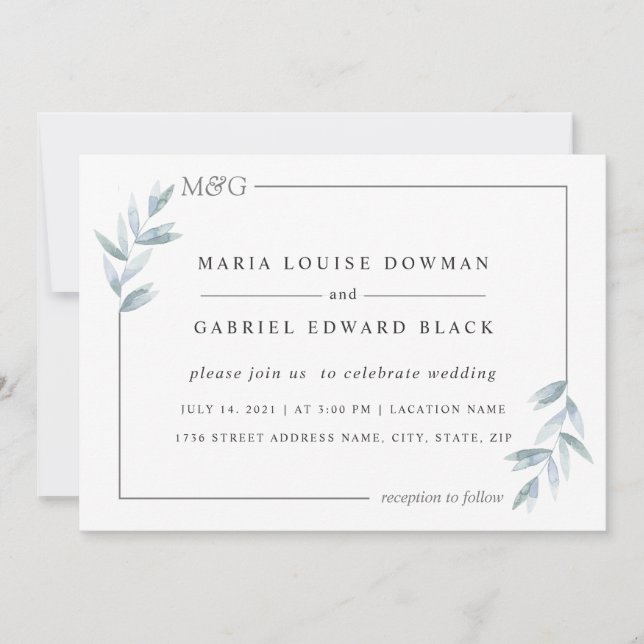 Simple delicate leaves. Airy Frame. Formal wedding Invitation (Front)
