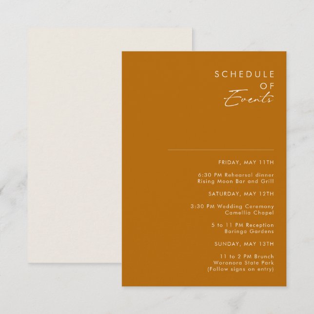 Simple Desert | Burnt Orange Schedule of Events Enclosure Card (Front/Back)
