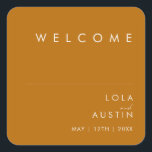 Simple Desert | Burnt Orange Wedding Welcome Square Sticker<br><div class="desc">This Simple Desert | Burnt Orange wedding welcome sticker is exactly what you're looking for to complete your modern rustic boho wedding. Perfect for either a vintage minimalist western vibe or a retro fall bohemian feel. The minimal natural white script truly pops with this colourful autumn background. You can choose...</div>