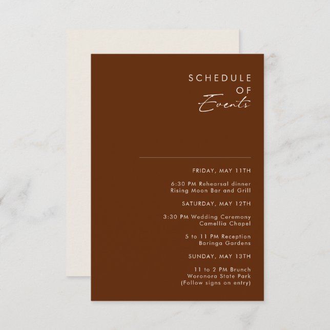 Simple Desert | Dark Cinnamon Schedule of Events Enclosure Card (Front/Back)