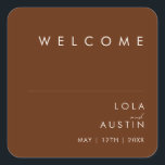 Simple Desert | Dark Cinnamon Wedding Welcome Square Sticker<br><div class="desc">This Simple Desert | Dark Cinnamon wedding welcome square sticker is exactly what you're looking for to complete your modern rustic boho wedding. Perfect for either a vintage minimalist western vibe or a retro fall bohemian feel. The minimal natural white script truly pops with this colourful autumn background. You can...</div>