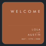 Simple Desert | Terracotta Wedding Welcome Square Sticker<br><div class="desc">This Simple Desert | Terracotta wedding welcome square sticker is exactly what you're looking for to complete your modern rustic boho wedding. Perfect for either a vintage minimalist western vibe or a retro fall bohemian feel. The minimal natural white script truly pops with this colourful autumn background. You can choose...</div>