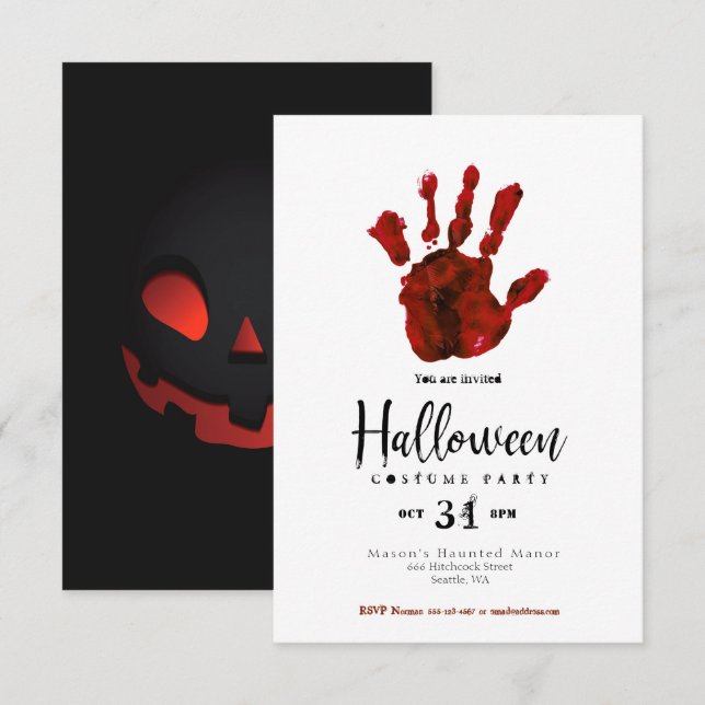 Simple Design Bloody Hand Halloween Party Invite (Front/Back)