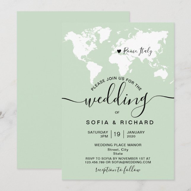 Simple Destination Wedding World Map Watercolor In Invitation (Front/Back)