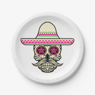 Simple Dia de Muertos Skull with Hat Paper Plate