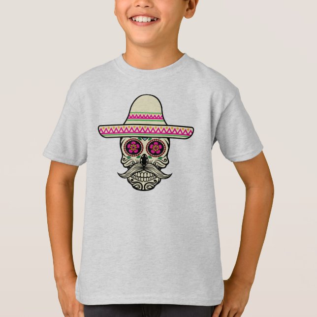 Simple Dia de Muertos Skull with Hat Sleeve Shirt (Front)