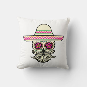 Simple Dia de Muertos Skull with Hat Throw Pillow