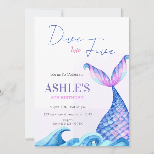 Simple Dive Into Five Mermaid 5th Birthday Party  Invitation (Front)